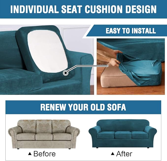 H.VERSAILTEX Rich Velvet Stretch 2 Piece Cover Chair Slipcover Sofa Cover Furniture Protector Couch Soft with Elastic Bottom Chair Couch Cover with Arms Width Up to 49 Inch(Chair, Deep Teal)