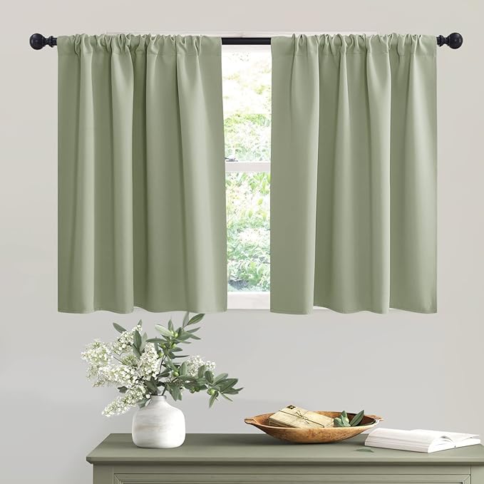 RYB HOME Short Sage Green Blackout Curtains for Small Bedroom Window, Insulating UV Blocking Drapes for Kitchen Cafe Basement Garage, Privacy Tiers for Bathroom Window, Width 42 by Length 36, Set of 2