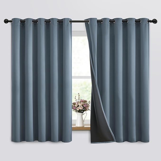 SimpleHome 100% Blackout Curtains for Bedroom,Thermal Insulated Stone Blue Grommet Window Drapes Room Darkening Curtains for Living Room with Black Back,62 x 63 Inch,2 Panels