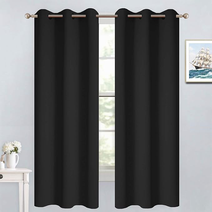 Yakamok Room Darkening Grommet Window Drapes Thermal Insulated Light Blocking Blackout Curtains for Bedroom(Black,38Wx63L,2 Panels)