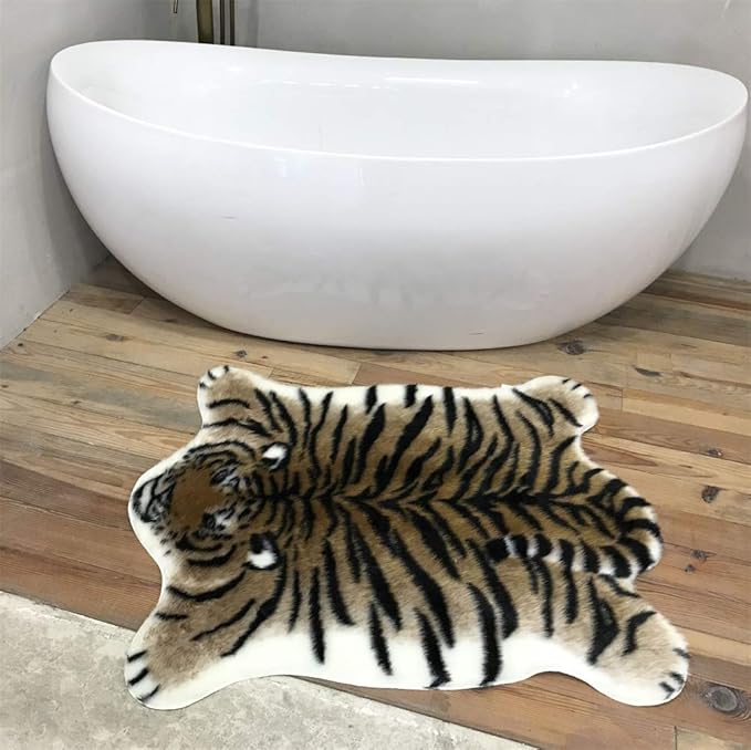 Tiger Print Area Rug Faux Cowhide Skin Hide Animal Printed Rugs Cute Carpet Nonslip Mat Premium Quality Rug and Chair Cover 35.4x43.3inch