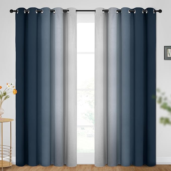 SimpleHome Ombre Room Darkening Curtains for Bedroom, Gradient Navy Blue to Grey White Light Blocking Thermal Insulated Grommet Window Curtains/Drapes for Living Room,2 Panels, 62x84 inches Length