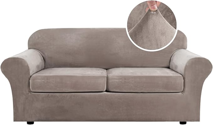 H.VERSAILTEX Real Velvet Plush 3 Piece Stretch Sofa Covers Couch Covers for 2 Cushion Couch Sofa Slipcovers Width Up to 90 Inch Feature Thick Soft Stay in Place (Large Sofa, Taupe)