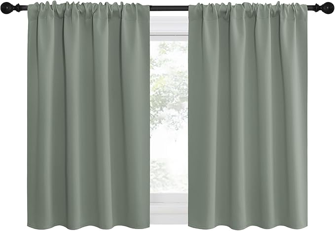 NICETOWN 2 Panels Blackout Curtains, Rod Pocket Thermal Insulated Drapes for Kitchen, Heavy Duty Small Window Treatment for Dorm Room, Studio Apartment, Basement (Greyish Green, W42 x L30)