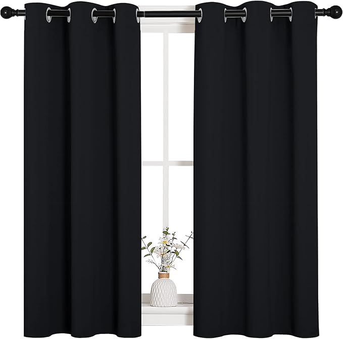 NICETOWN Halloween Bathroom Blackout Curtains and Drapes, Black Solid Thermal Insulated Grommet Blackout Drapery Panels for Window (2 Panels, 34 inches Wide by 45 inches Long, Black)