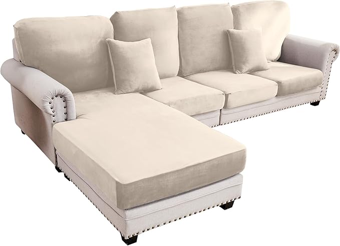 Couch Cover 4-Piece Elastic Velvet Couch Cushion Covers & Chaise Slipcovers for L-Shaped Sofas - Sofa Seat Covers Washable, Soft Protector for Couches (3 Seater + Chaise, Cream)