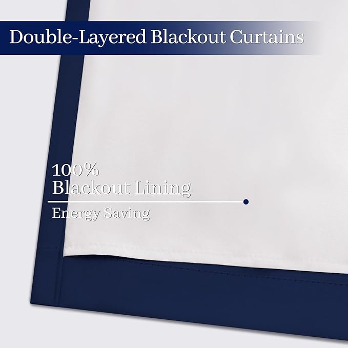 Yakamok Navy Blue 100% Blackout Curtains 84 Inches Long Thermal Insulated Window Curtain for Bedroom Living Room Darkening Set of 2 Panels Grommet Top Drapes with 2 Thick Layers 52x84 Inches Dark Blue