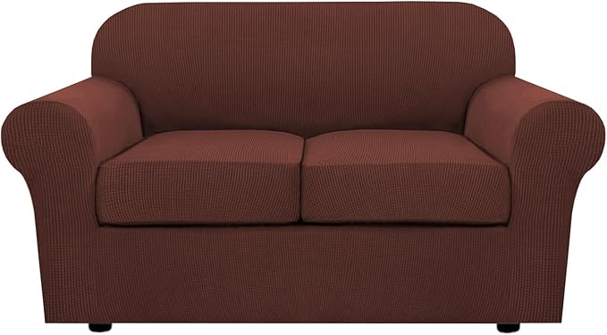 H.VERSAILTEX 3 Piece Stretch Sofa Covers for 2 Cushion Loveseat Couch Covers for Living Room Sofa Slipcovers (Base Cover Plus 2 Seat Cushion Covers) Thicker Jacquard Fabric (Medium Sofa, Burnt Brick)