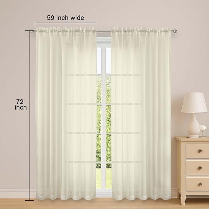 OWENIE Cream Sheer Curtains 72 Inches Long 2 Panels Set, Transparent Voile Sheer Curtain for Living Room Bedroom Window Sliding Glass Door Treatment, 59 x 72 Inch, Cream