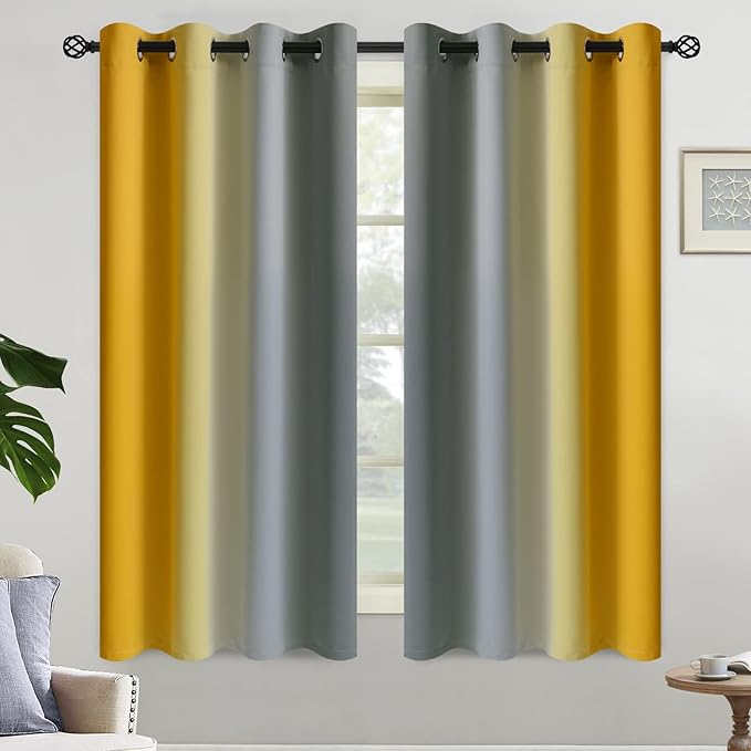 Yakamok Ombre Grey and Yellow Curtains for Bedroom, Gradient Room Darkening Curtains, Grommet Thermal Insulated Light Blocking Window Drapes/Curtain for Living Room,52 x 63 Inch,2 Panels