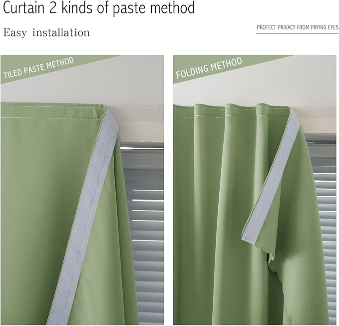 Magic Tape Blackout Curtains for Bedroom No Drillng Self Adhesive Curtains No Rod Small Window, 47" W X 79" L, Sage Green, 1 Panel