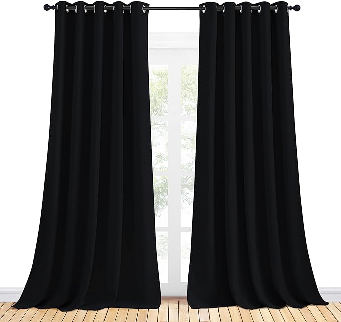 NICETOWN Bathroom Blackout Curtains and Drapes, Black Solid Thermal Insulated Grommet Blackout Drapery Panels for Window (2 Panels, 70 inches Wide by 95 inches Long, Black)