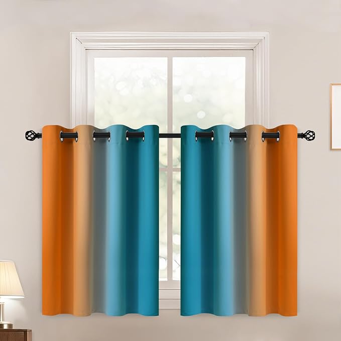 Yakamok Ombre Orange and Blue Curtains for Bedroom, Gradient Room Darkening Curtains, Grommet Thermal Insulated Light Blocking Window Drapes/Curtain for Living Room,52 x 36 Inch,2 Panels