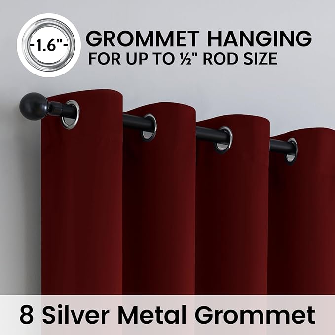SimpleHome 100% Blackout Curtains for Bedroom,Thermal Insulated Burgundy Red Grommet Window Drapes Room Darkening Curtains for Living Room with Black Back,52 x 84 Inch,2 Panels