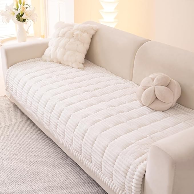 Couch Cover for Dogs Washable, Fuzzy Pet Couch Covers for 3 Cushion Sofa Pet Friendly, Non Slip Sofa Cover (White, 35" x 63"/90 x 160cm)