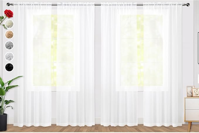 SpaceDresser Sheer White Curtains 4 Panels Rod Pocket Semi-Sheer Curtain 96 Inches Long Light Filtering Voile Window Drapes for Bedroom Living Room Kitchen, Each 52W x 96L