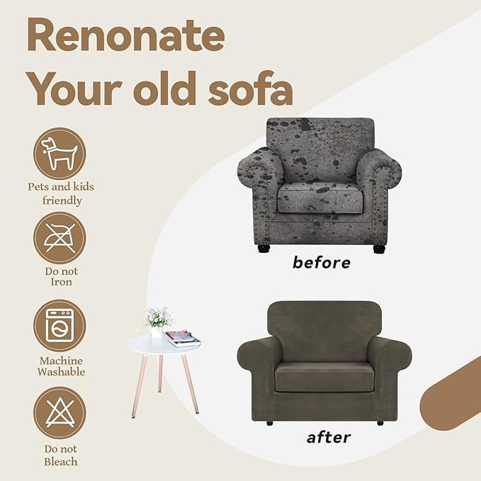 WEERRW Velvet Stretch Chair Sofa Slipcover - 2 Pieces Luxury Soft Velvet Plush Couch Cover Furniture Protector with Elastic Bottom for Pets, Machine Washable, Light Brown, Small