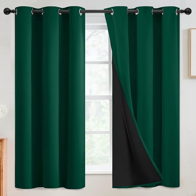SimpleHome 100% Blackout Curtains for Bedroom,Thermal Insulated Grommet Window Drapes Room Darkening Dark Green Curtains for Living Room with Black Back,42 x 63 Inch,2 Panels