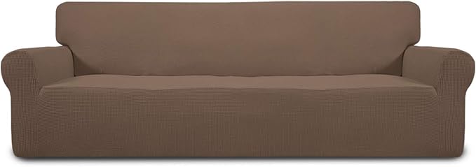 Easy-Going Stretch 4 Seater Sofa Slipcover 1-Piece Sofa Cover Furniture Protector Couch Soft with Elastic Bottom for Kids, Polyester Spandex Jacquard Fabric Small Checks Brown