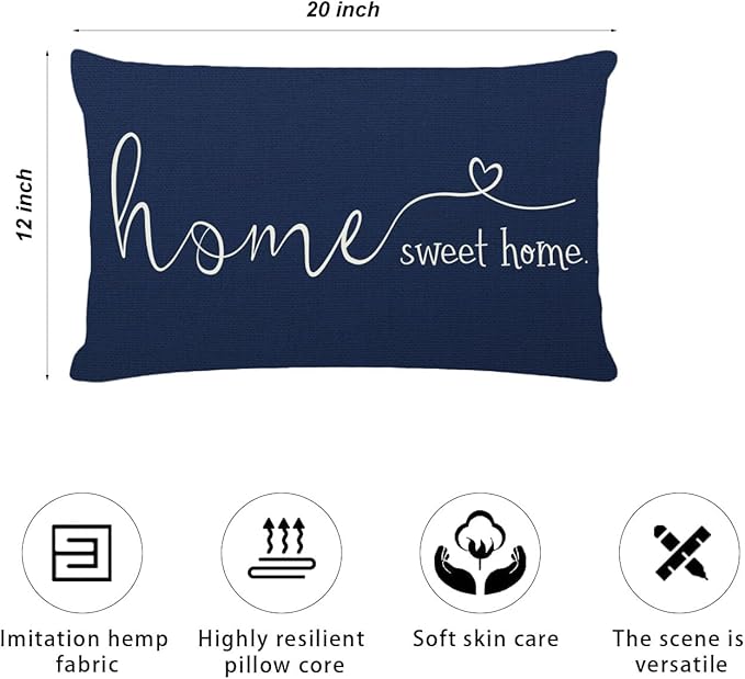 MFGNEH Home Sweet Home Quotes Farmhouse Pillow Covers 12x20 Inch,Farmhouse Decorative Lumbar Throw Pillow Case Cushion Cover,Housewarming Gift,Blue