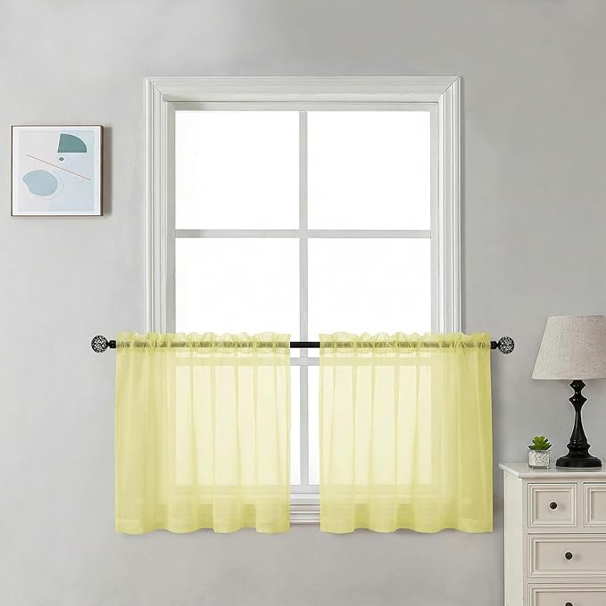 Chyhomenyc Sheer Tier Curtains 24 Inch Length - Small Window Kitchen Curtains for Bathroom Living Room Basement, Rod Pocket Farmhouse Short Voile Curtain 42Wx24L, 2 PCS, Light Yellow