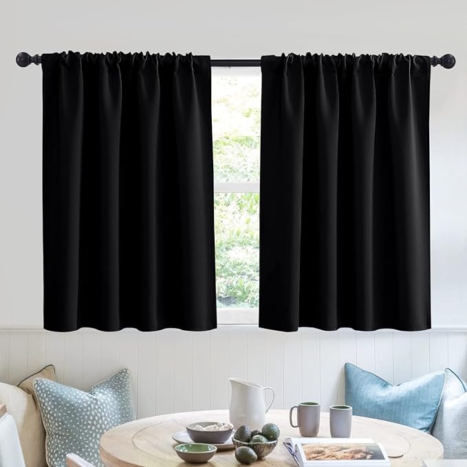 RYB HOME Short Blackout Curtains for Small Window, Sunmmer Heat Light Blocking Privacy Protection Curtains for Sunroom Laundry Room Stair Window, Width 52 by Length 36, Black, Set of 2