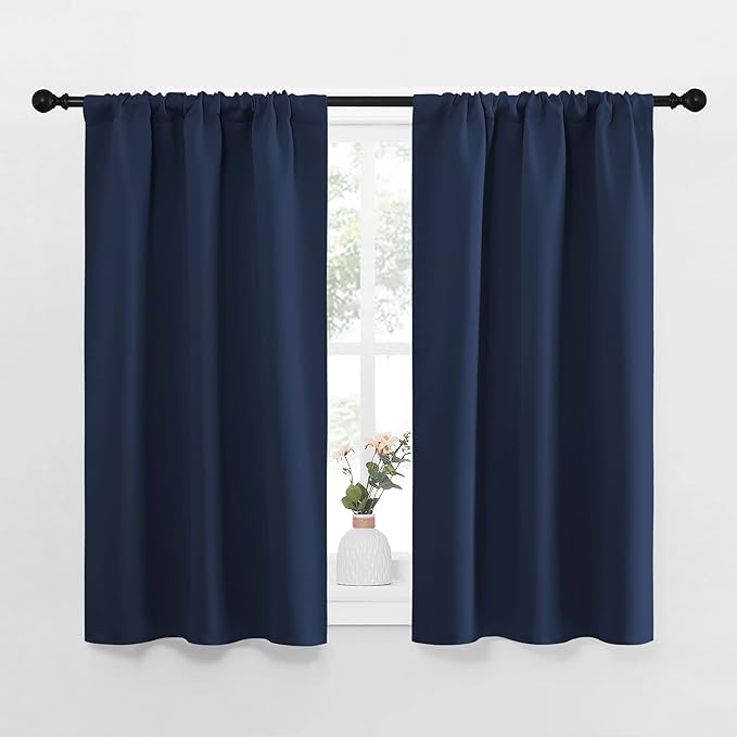 NICETOWN Kitchen Curtains, Short Blackout Curtains & Drapes, Thermal Insulated Rod Pocket Window Treatment Draperies for Nursery (Navy, 29" x 40", Set of 2)