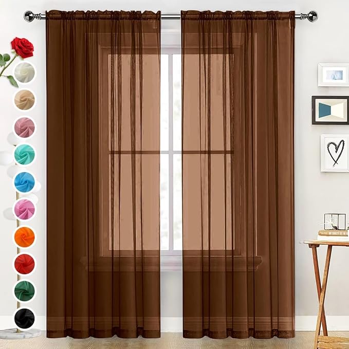 SpaceDresser Sheer Voile Window Treatment Rod Pocket Curtain Panels for Kitchen Bedroom Living Room Drapes Sunlight Filtering Privacy Semi Home Decor Assorted (Brown, 52 W x 90 L)