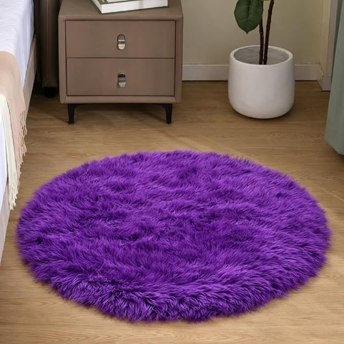 Goolela Purple Fluffy Circle Rug 3ft Faux Fur Rug for Bedroom Dorm Playroom Fuzzy Furry Small Plush Room Décor Washable