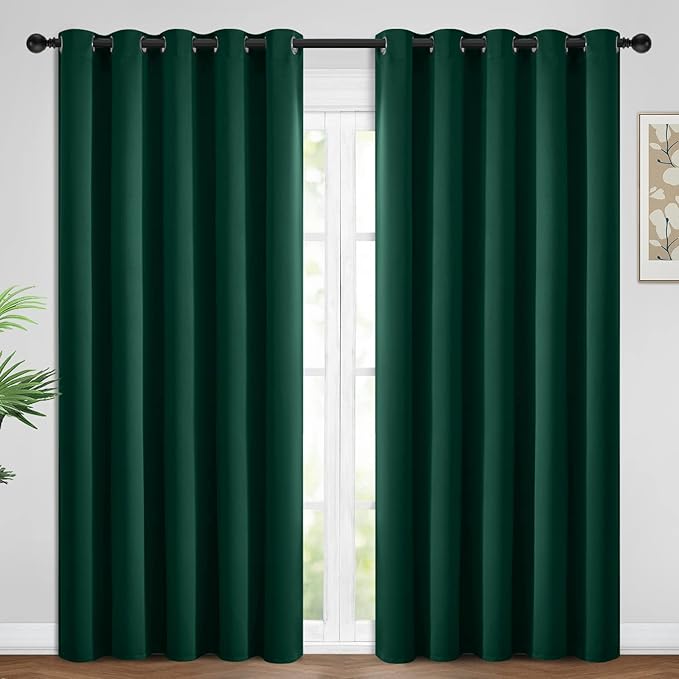 Yakamok Blackout Curtains Room Darkening Thermal Insulated Window Panels,Solid Grommet Top Drapes for Bedroom/Living Room(62Wx84L, Dark Green, 2 Panels)