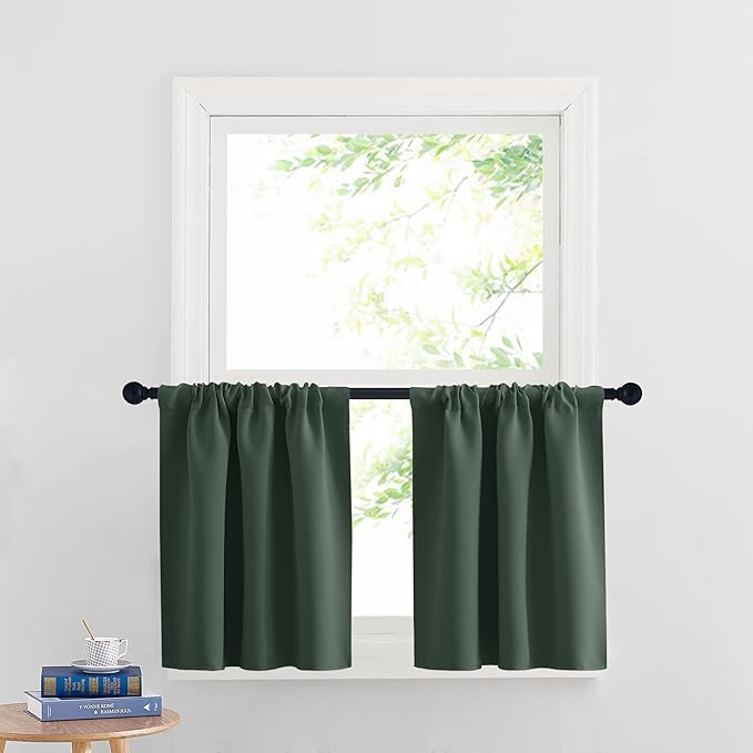 RYB HOME Cafe Blackout Curtains 24 inch Length, RV Curtains for Camper Windows, Mini Short Small Insulating Light UV Blocking Privacy Half Window Tiers, Width 42 by Length 24, Dark Green, 2 Panels