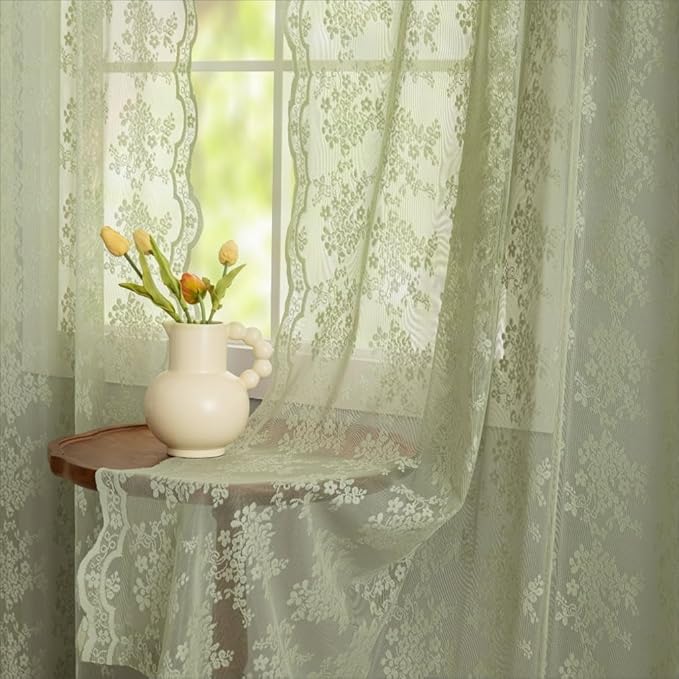 YJ YANJUN Vintage Lace Curtains 45 Inch Length-Victorian Floral Pattern Sage Green Sheer Curtain Panels for Living Room Bedroom,Light Filtering Spring Summer Cottage Core Drapes 2 Panels 52W x 45L