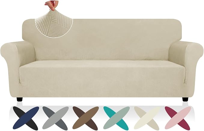ZNSAYOTX Super Stretch Couch Cover (72"-92"), New Striped Sofa Covers Fitted Slipcovers with Elastic Bottom, Dog Cat Pets Proof Spandex Fabric Comfortable & Durable (Khaki, Sofa)