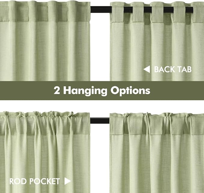 MIULEE Sage Green Kitchen Curtains 24 Inch Length 2 Panels, Soft Thick Linen Textured Semi Sheer Light Filtering Short Cafe Tier Curtains for Small Half Window Bathroom Laundry Back Tab Rod Pocket