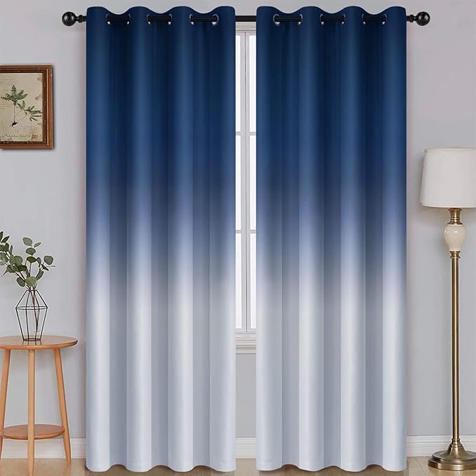 SimpleHome Ombre Room Darkening Curtains for Bedroom, Light Blocking Gradient Blue to Gray White Thermal Insulated Grommet Window Curtains/Drapes for Living Room,2 Panels, 52x96 inches Length