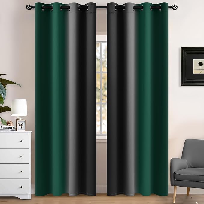 Yakamok Blackout Ombre Dark Green and Black Curtains-Gradient Room Darkening Curtain, Grommet Thermal Insulated Light Blocking Window Drapes Curtain for Living Room Bedroom,52 x 84 Inch,2 Panels