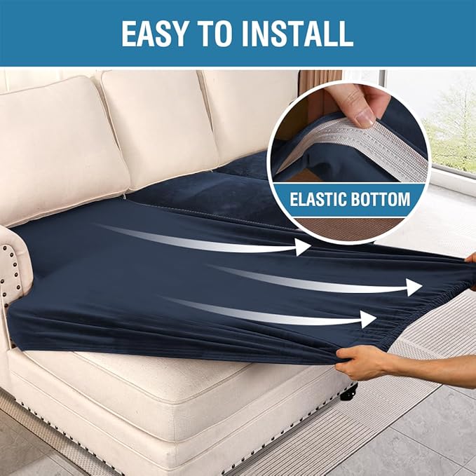 H.VERSAILTEX Velvet Stretch Sectional Couch Covers 4 Pieces Sofa Seat Cushion Covers L Shape Separate Cushion Couch Chaise Cover for Both Left/Right Couch (Large Sofa 3 Seater + 1 Chaise, Navy)