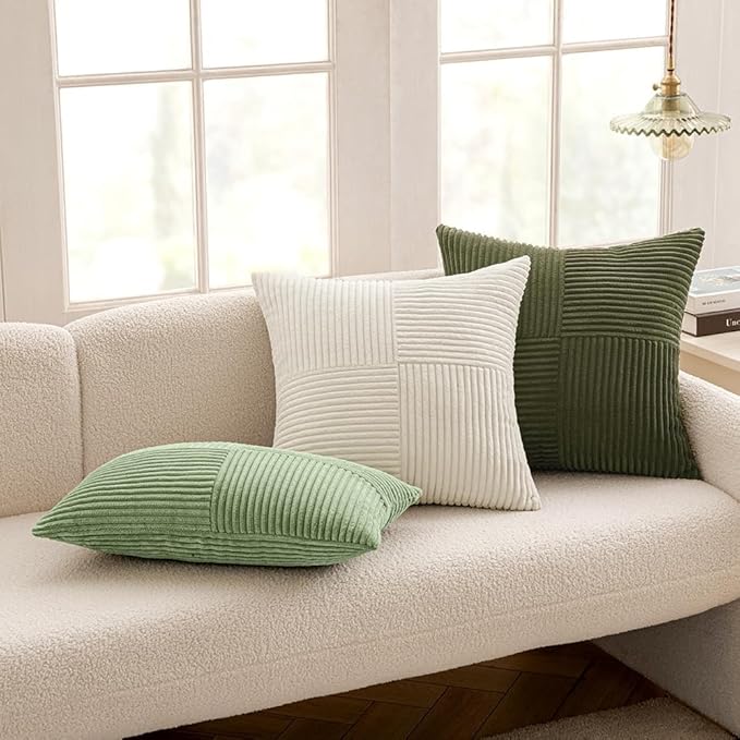 MIULEE Olive Green Decorative Throw Pillow Covers 20x20 Inch for Couch Bed Sofa Spring Decor Pack of 2 Boho Farmhouse Throw Pillows Soft Cross Corduroy Patchwork Textured Cushion Cases