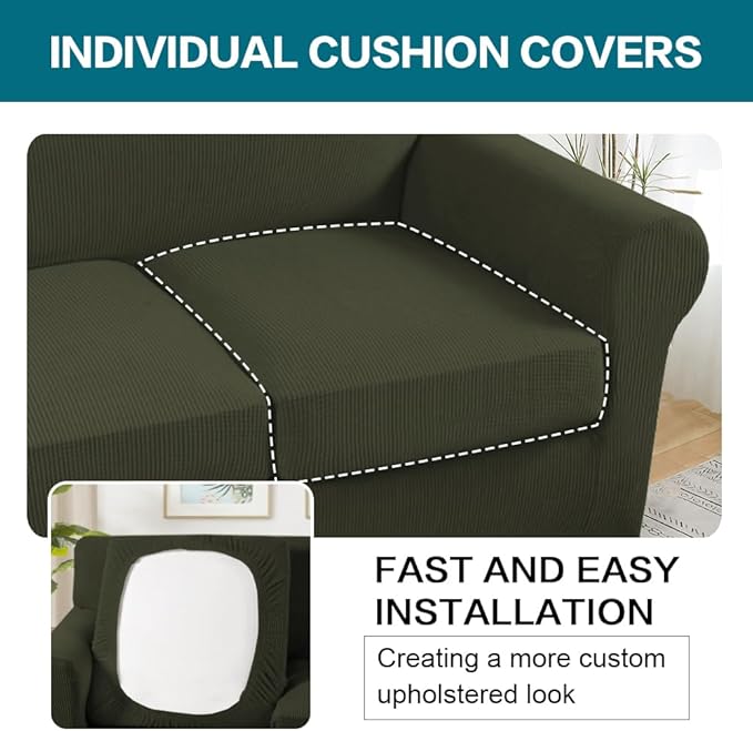 Turquoize 4 Piece Sofa Covers for 3 Cushion Couch Sofa Slipcover Soft Couch Cover for Dogs Washable Furniture Cover with 3 Individual Large Cushion Covers Feature Fabric (Large Sofa, Olive)