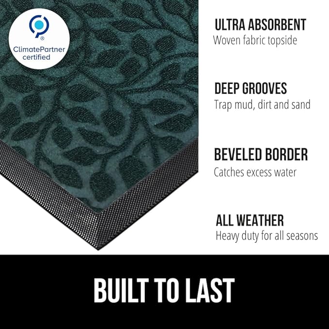 GORILLA GRIP 100% Waterproof All-Season WeatherMAX Doormat, 47x35, US Designed Natural Rubber, Stain and Fade Resistant, Low Profile Indoor Outdoor Door Mats, Easy Clean Patio Mat, Moss Vine Leaves