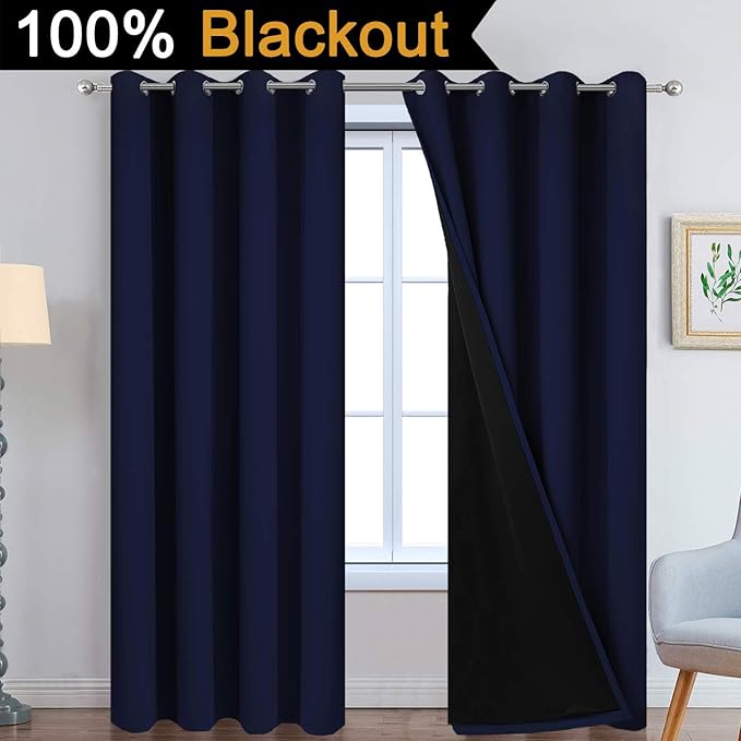 Yakamok 100% Blackout Curtains with Black Lined Thermal Insulated Room Darkening Curtains for Living Room(52Wx96L, Navy Blue, 2 Panels)