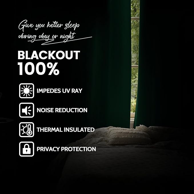 Yakamok 100% Blackout Curtains Dark Green Room Darkening Thermal Insulated with 2 Thick Layers-Hunter Green Window Drapes Set of 2 Panels for Bedroom Living Room 52 Inches by 96 Inches Length