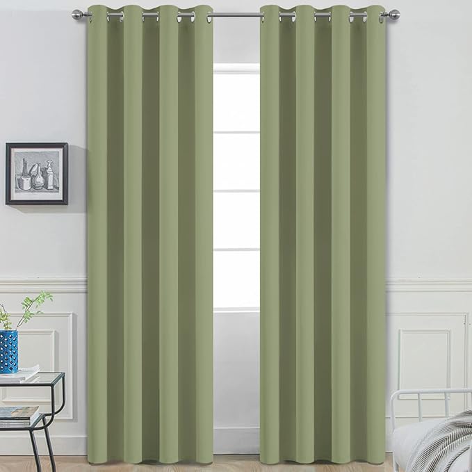 Yakamok Light Blocking Blackout Curtains Thermal Insulated Room Darkening Drapes for Bedroom,Solid Grommet Top Window Drapes, 52x96 Inch, Sage Green, One Pair