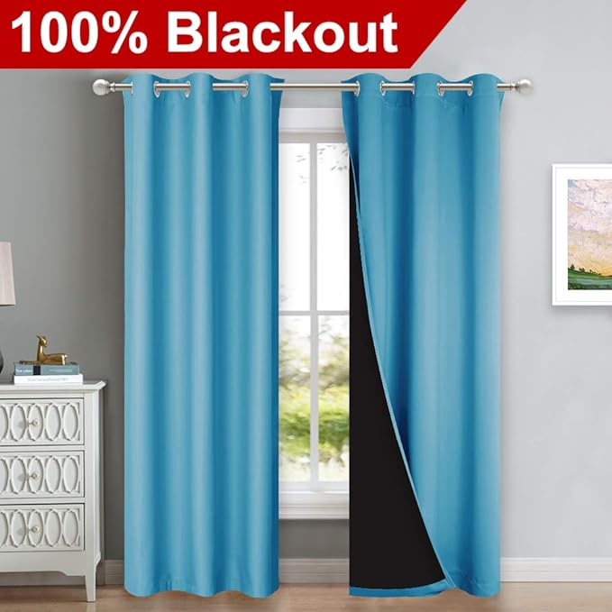 NICETOWN Teal Blue Full Shade Curtain Panels, Pair of Thermal Insulated & Energy Efficiency Blackout Drapes for Living Room Windows, Lined Silky Performance Window Dressing (37" Wide x 84" Long, Gray)