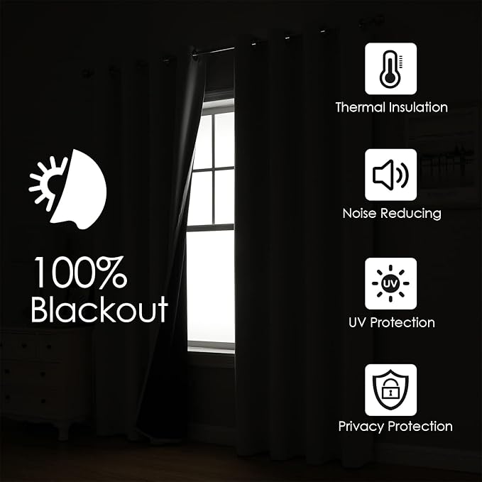 ChrisDowa 100% Blackout Curtains 102 inch Long for Bedroom with Black Liner, 2 Thick Layers Total Blackout Thermal Insulated Grommet Window Curtains 2 Panels Set (Black, 52 x 102 Inch)
