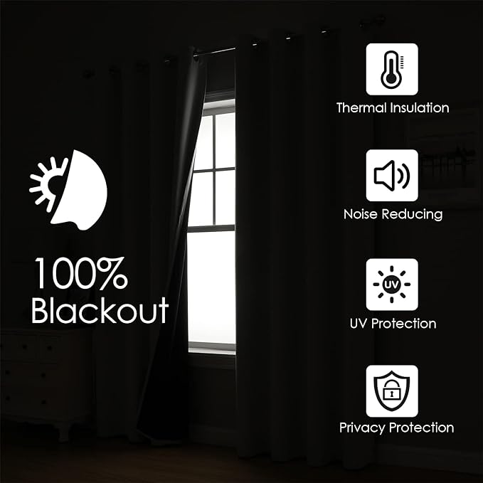 ChrisDowa 100% Blackout Curtains for Bedroom with Black Liner, 2 Thick Layers Total Blackout Thermal Insulated Grommet Window Curtains 63 Inch Length 2 Panels Set (Light Grey, 52 x 63 Inch)