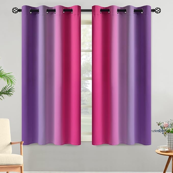 Yakamok Pink and Purple Blackout Curtains, Ombre Full Room Darkening Window Curtains for Living Room,Grommet Thermal Insulated Drapes,Light Blocking Curtains for Girls Bedroom,52x54 Inch, 2 Panels