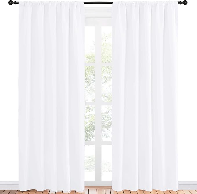 NICETOWN White Bedroom Curtain Panels - Multi-Function Noise Reducing Performance Window Treatment Thermal Insulated Rod Pocket Room Darkening Drapes for Nursery (2 Panels, 52 by 84)