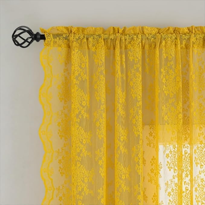 YJ YANJUN Vintage Lace Curtains Boho Sheer Kitchen Curtain Panels 45 inch Length for Window Over Sink Spring Floral Pattern Design Small Short Drapes for Bathroom 2 Panels 52W x 45L