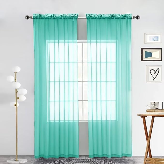 SpaceDresser Sheer Voile Window Treatment Rod Pocket Curtain Panels for Kitchen Bedroom Living Room Drapes Sunlight Filtering Privacy Semi Home Decor Assorted Colors Sizes (Turquoise, 52 W x 72 L)
